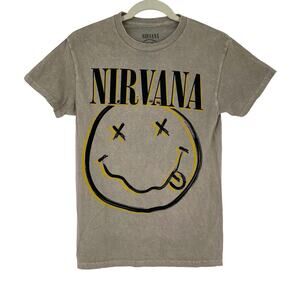 Officially Licensed Nirvana Nevermind Smiley Grunge Tee Beige Acid Wash Small